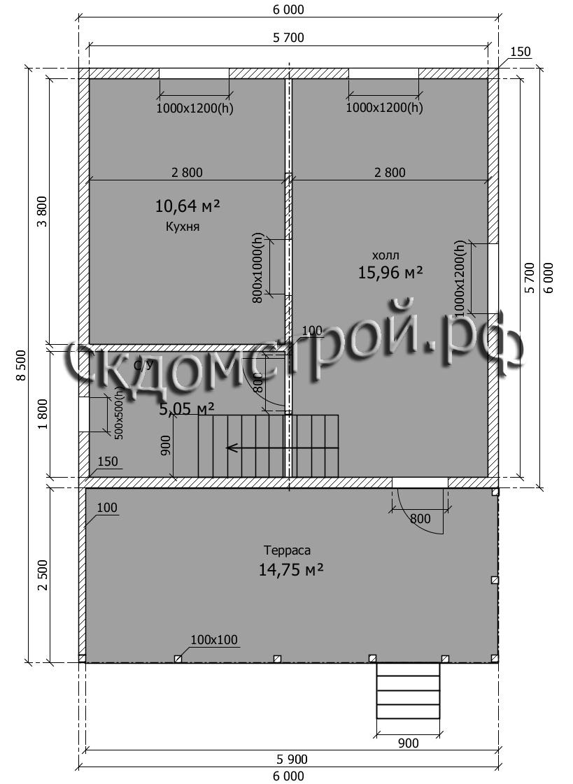 04. Каркасный дом 72 м2 (6000Х6000) мм с мансардой в 1,5 этажа. Стропильная  конструкция двухскатная.